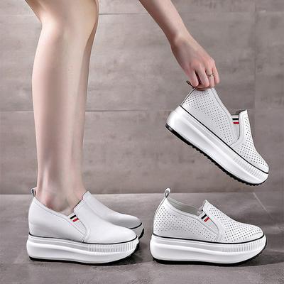 Nova chegada primavera verão sapatos de couro genuíno feminino moda tênis altura crescente 8cm sapatos brancos sola grossa d125