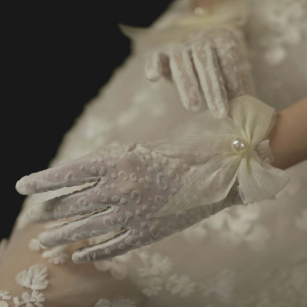Pearls Flexible Accessories Girls Wedding Lace Bow Gloves Bridal Mittens White Gloves Ruffle
