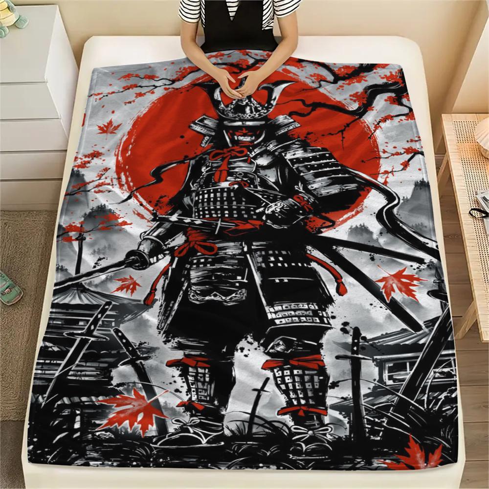 1Pc Japanese Samurai Print Flannel Blanket, High quality Comfortable for All Seasons, Home Decor, Warmth and Comfort, Perfect for Christmas Gifts