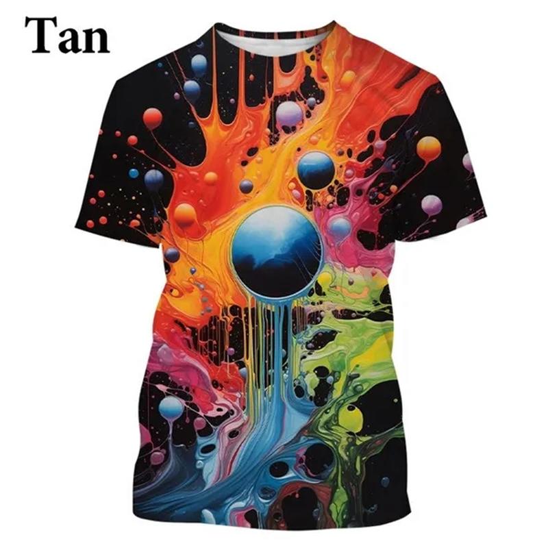 Camiseta colorida com estampa 3D de arco-íris e respingos de tinta para homens e mulheres, roupas da moda, camisetas, gola redonda, manga curta, camisetas
