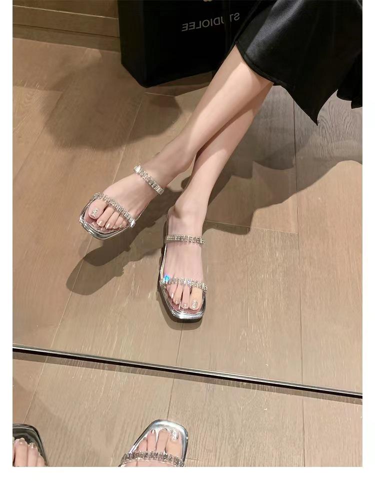 Summer 2025 Korean Fairy Square Toe Rhinestone Strap Transparent Chunky Heel Sandals for Women