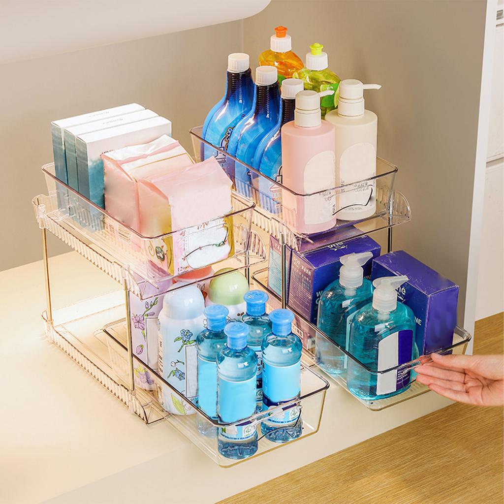 2 Pack Clear Bathroom Organizers 2 Tier Pull Out Multi Purpose Plastic Drawer Storage for Under Sink Kitchen