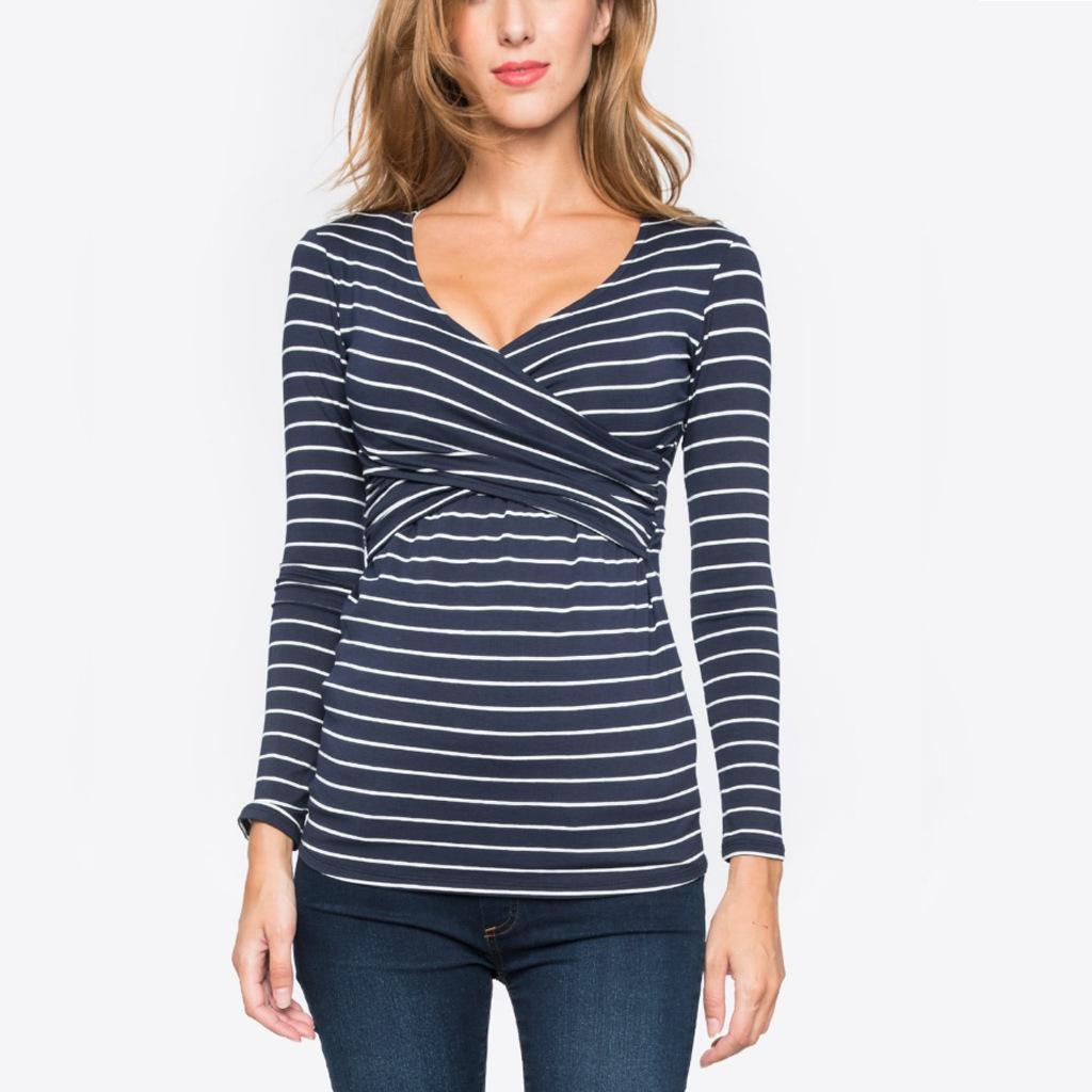 Maternity Casual Striped Long Sleeve Nursing T Shirt S темно-синий