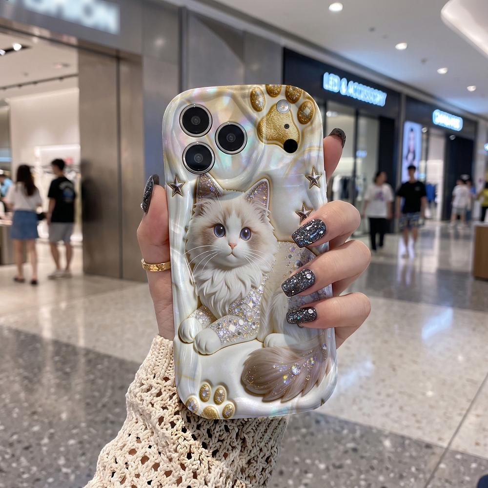 Full Rhinestone Ragdoll Cat Paw Star Wavy Edge Phone Case For iPhone 17 16 15 14 13 12 11 8 7 Plus Pro Max Bling Pet Cover