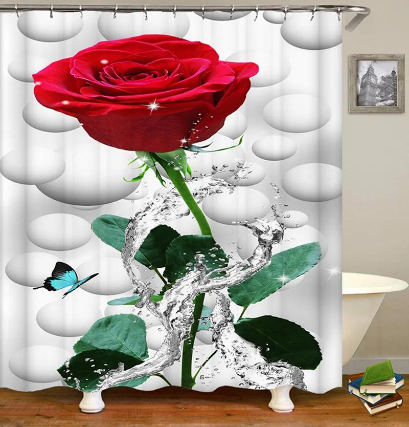 Blooming Flowers Rose Butterfly Shower Curtain Waterproof Modern Bathroom Decor, Waterproof Fabric Shower Curtain with Hooks