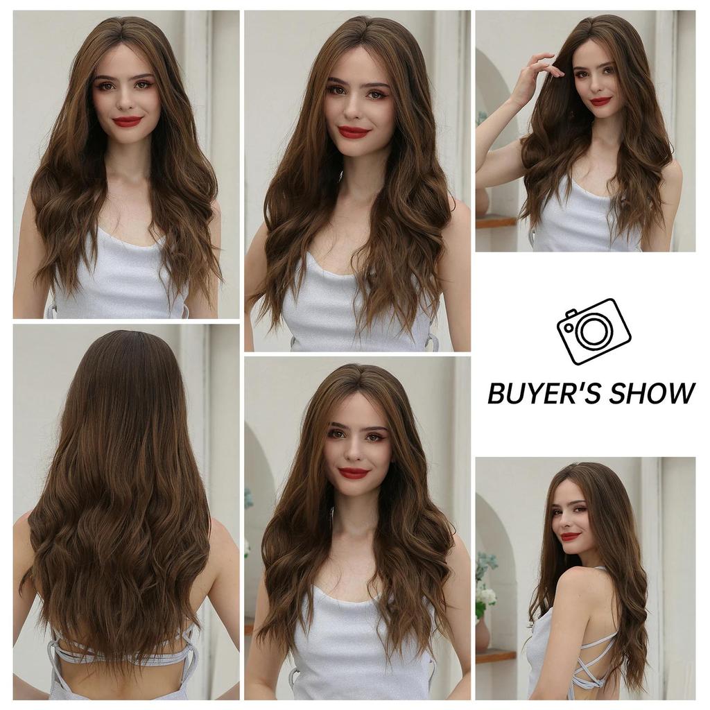 Louis FEREE 13x4 Lace Front Synthetic Wigs for Women Long Wavy Dark Brown Highlight Middle Part Lace Wigs Daily Cosplay High Temperture Fiber