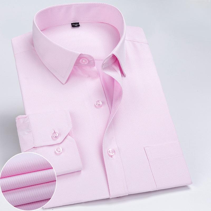 New Men Formal Shirt Long Sleeve Office Solid Color Striped Anti-Wrinkle Fashion Business Pocket White Social Pocket Shirt S-7XL