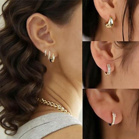 3 Pair Earring Set Women Hoop Earrings Ring Small Size Suitable All-Day Wear Metal Allergy Friendly 18k Gold Plated Silver Surgical Stainless Steel