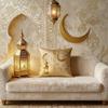 Soft Short Plush Cushion Cover Gold Moon Ethnic Festival Print 45x45cm Standard Size for Home Decoration