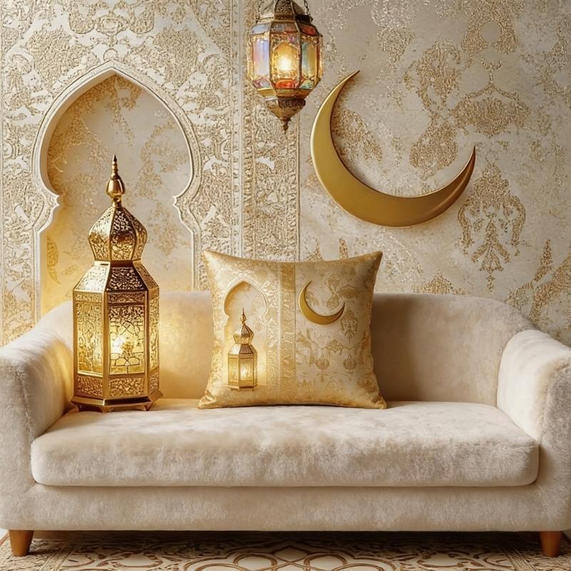 Soft Short Plush Cushion Cover Gold Moon Ethnic Festival Print 45x45cm Standard Size for Home Decoration