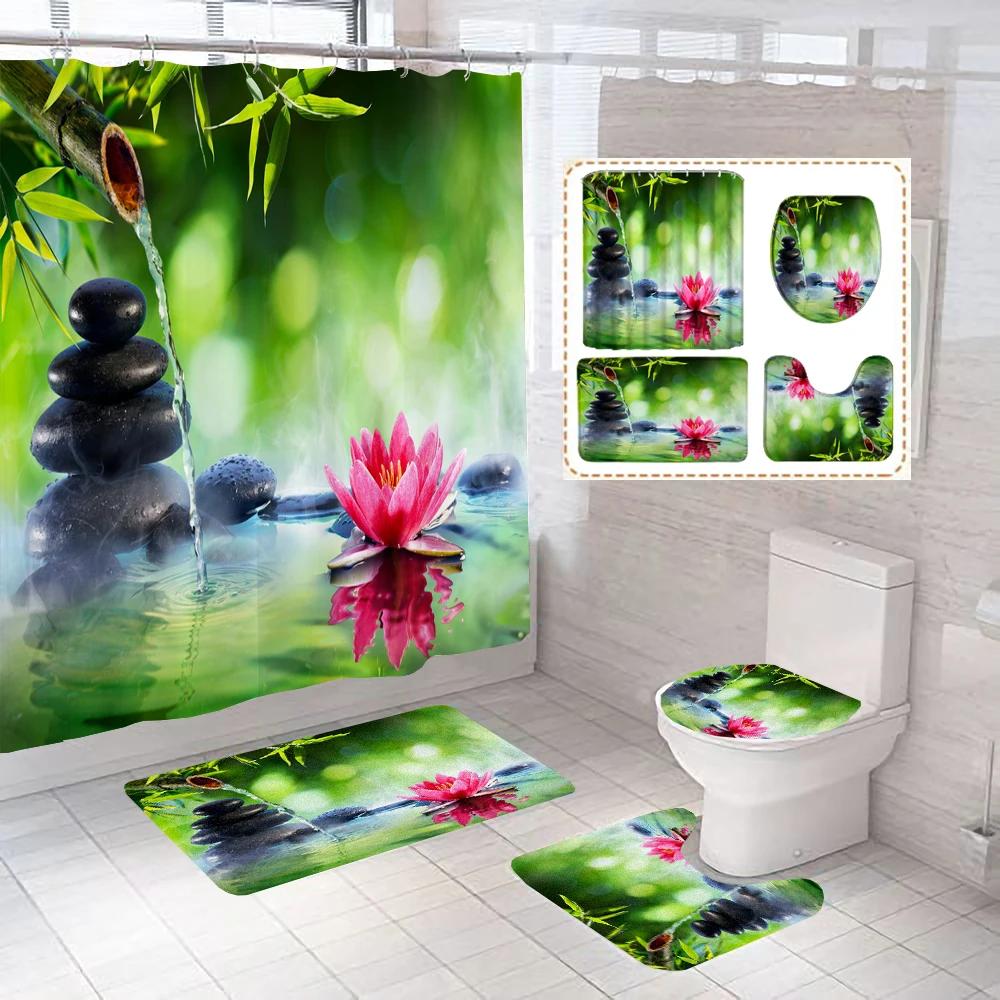 

Full Set Bathroom Shower Curtain And Toilet Bath Mat Non-Slip Rug Carpet Green Bamboo Bathroom Curtain For Bath Decoration W60H190(CM)-1 Pcs