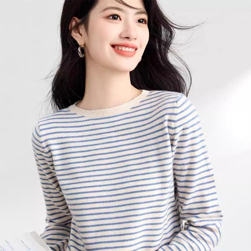 Crew neck striped knitted sweater women's thin design sense and thin temperament loose long sleeve pullover bottoming shirt
