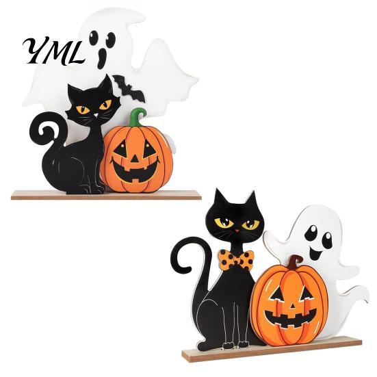 Compact Festive Ornaments Halloween Table Decor, Wooden Black Cat Ghost Pumpkin Decorations Indoor Cute Burr Free Wood Crafts Gifts, Room Decor