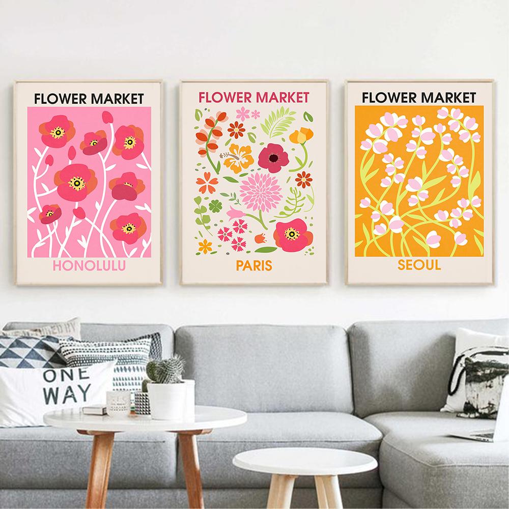 

Розовый Желтый Цветочный Рынок Печать Плакатов Абстрактное Растение Настенное Искусство Красочный Холст