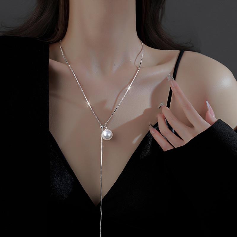 Fashion Zinc Alloy Color Pearl Tassel Necklace For Women Simple Metal Snake Bone Chain Pull Adjustable Sweater Chain Zircon Gifts