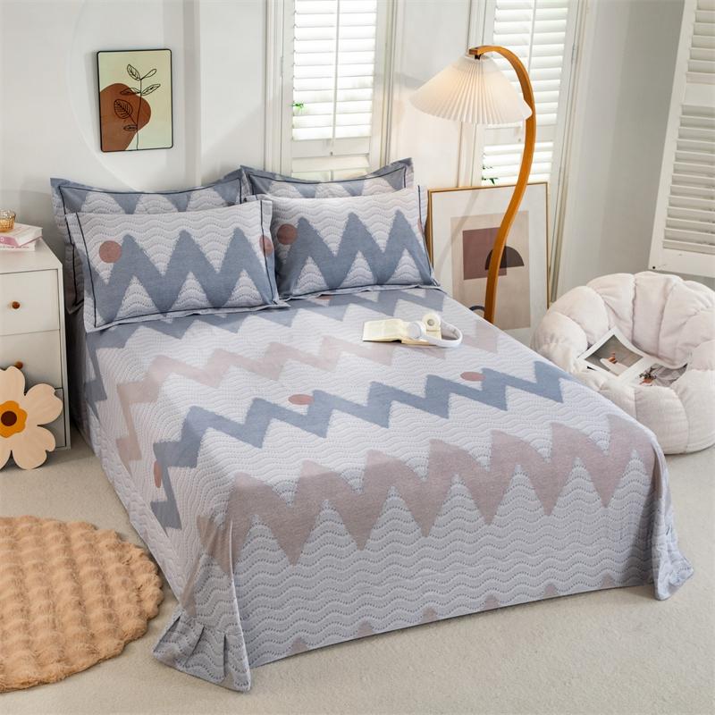 Simple Geometric Pattern Bed Sheet Set 100% Cotton Skin Friendly Flat Sheets with Pillowcase Thickened Queen Size Bedding Set