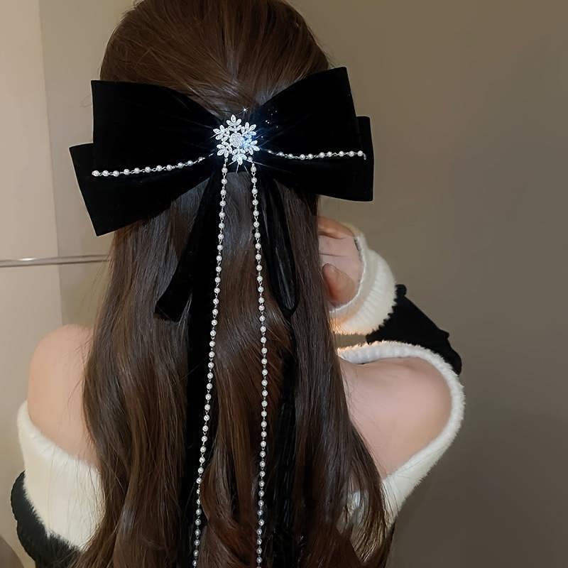 1pc Elegant And Gorgeous Snowflake Bow Imitation Pearl Rhinestone Tassel Women's Hair Clip Wedding Party New Year Hair Accessories Christmas Gift