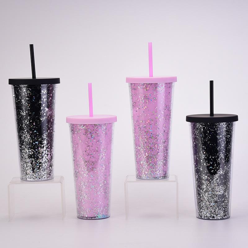 24Oz Double-Layer Plastic Cup Men'S And Women'S Sequined Shallots Glitter Creative Water Cup With Straw