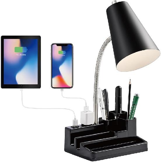 Small Desk Lamps for Home Office, Table Lamp with USB Port and Outlet, Desktop Lamp with Pen Holder, Flexible Gooseneck Desk Lamp, Black Table Lamp
