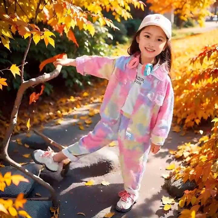 Îmbrăcăminte Denim Fete Set 2 Piese Set Copii Top Jersey și Pantaloni Fete Pantaloni Lungi Jachetă Denim Costum Dans Mânecă Lungă Tie Dye Hip Hop Larg