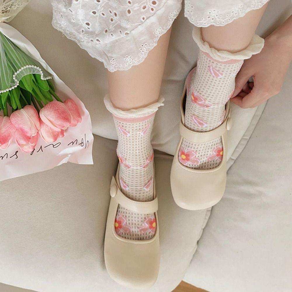 6Pairs Mesh Hollow Transparent Flower Socks Breathable Sweet Socks Women Mid Tube Socks  Streetwear