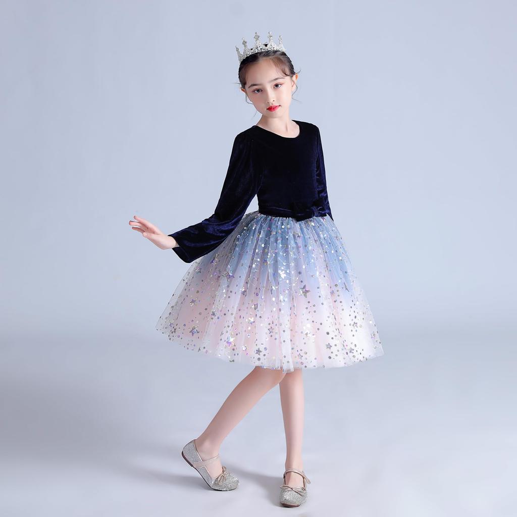 Weileenice Navy Recital Size Long Winter Formal Party Gradient Sequins Girls' Dress, 130, Sleeves, Clothes, Children's Dress, Velour, Pink, Kids,