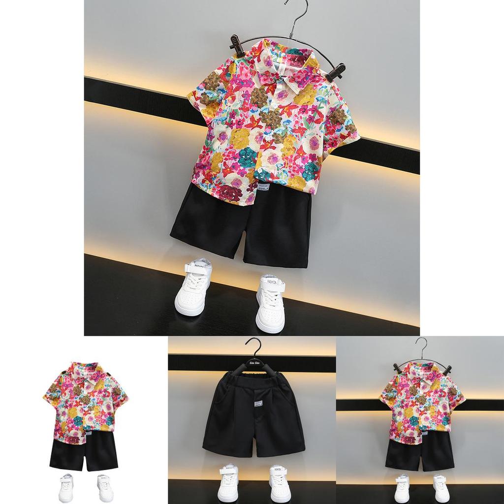 Stylish Boys Summer Short Sleeve Shirt Set For Kids With Floral Design And Soft Fabric