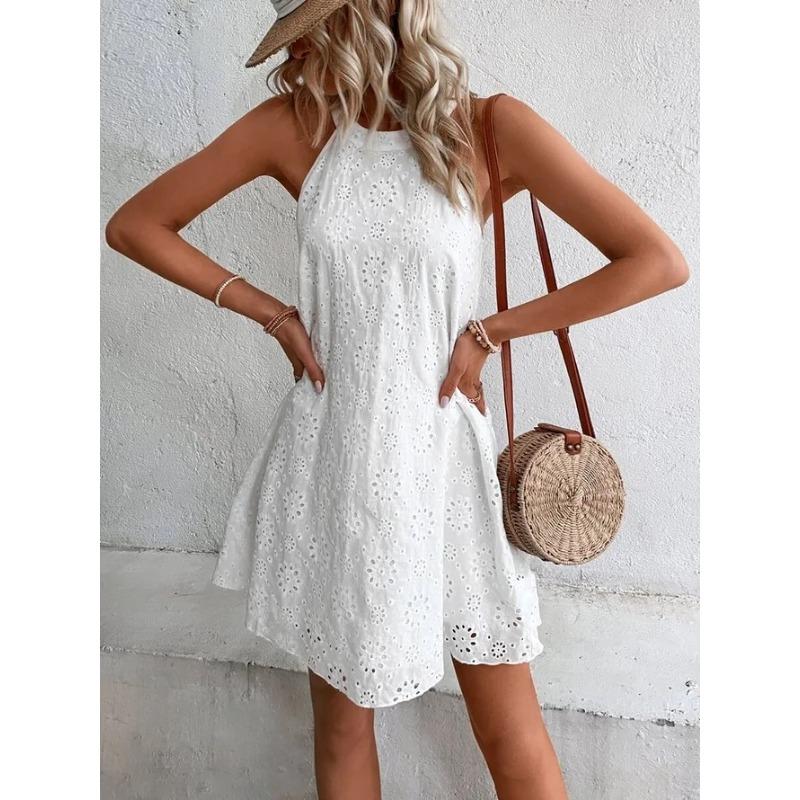 Women Solid Color Lace Button Halter Sleeveless Knee Length Summer Casual Dress