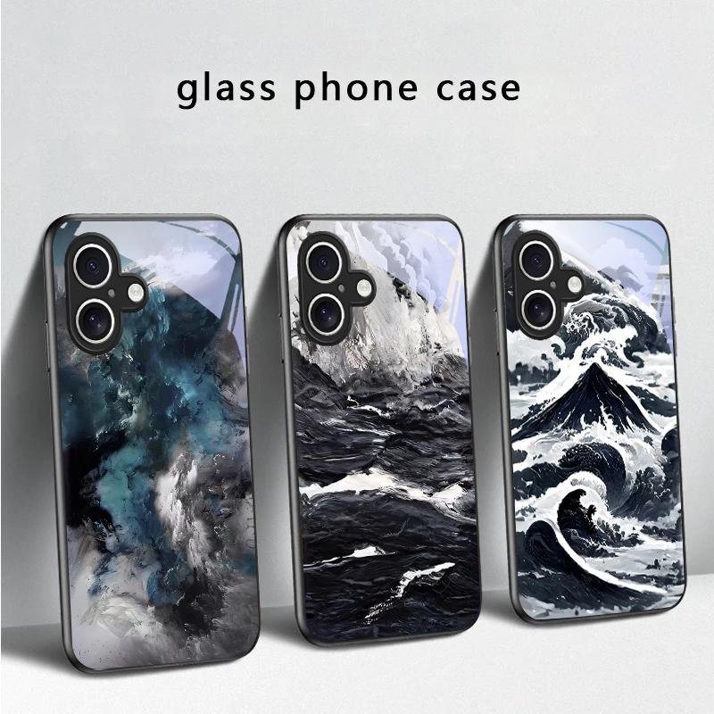 Abstract Modern Waves For iPhone 17 Air 16 E 15 Plus 14 Pro Max 13 12 mini 11 5 6 7 8 Plus XR XS Max SE Black Glass Phone Case