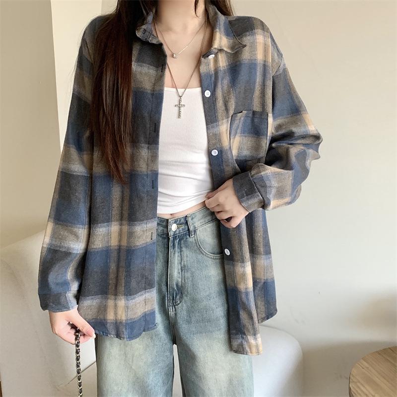 

Французская синяя клетчатая куртка для девочки свободного кроя с длинными рукавами и защитой от солнца One Size