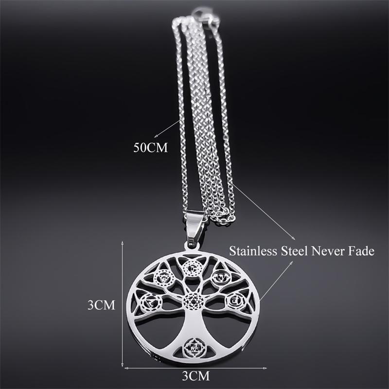 7 Chakra Healing Tree of Life Necklace for Women Men Stainless Steel Silver Color Spiritual Buddhism Necklace Jewelry bijoux