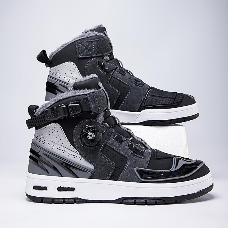 Autumn/Winter UNISEX Plus Velvet Motorcycle Boots Large Size Rotating Buttons Deoxy Leather Anti -sliding Collision Ride Boots Sneaker for Men