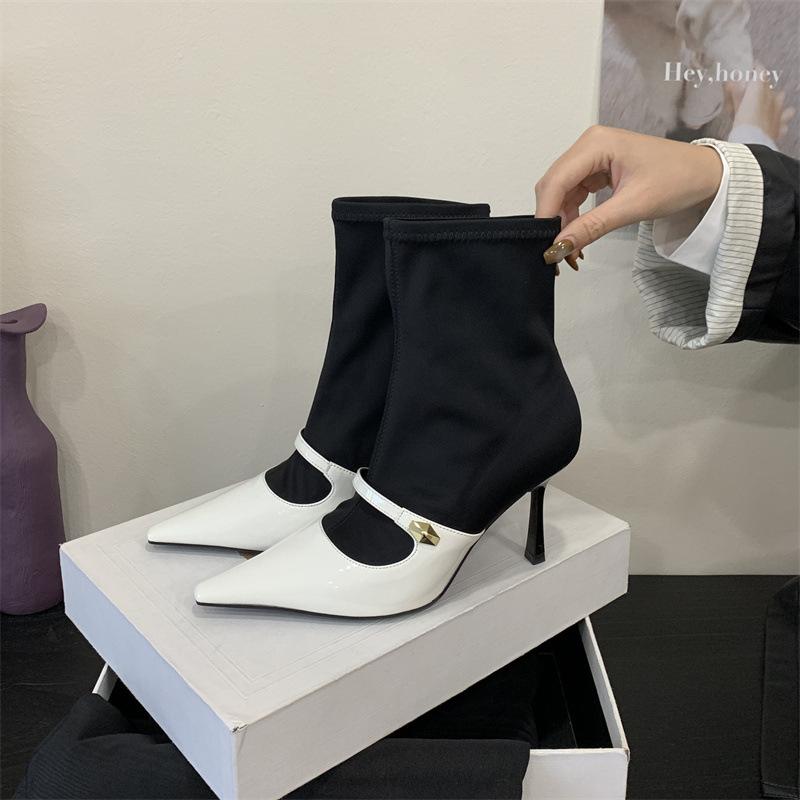 Rich and rich, color-matching black socks and boots, elastic and thin boots 2025 new sexy pointed thin heel Mary Jane short boots