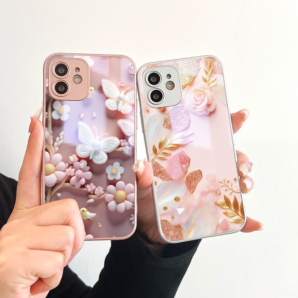 Pearl Pink Flower Phone Case Metallic Lacquer Tempered Glass Shockproof Cover for iPhone Samsung Huawei Honor Xiaomi Redmi OPPO Realme OnePlus Vivo