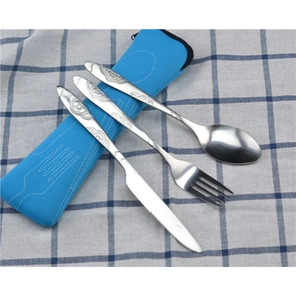 3pcs Set Dinnerware Portable Printed Stainless Steel Spoon Fork Steak Knife Set Travel Cutlery Tableware with Bag