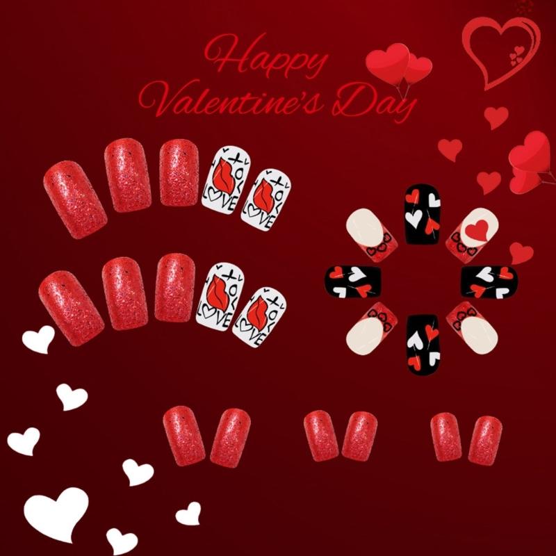 Valentine Press on Nail Square Fake Nail Glossy Design False Nail Full Cover Artificial Acrylic Nail 24pcs 12Sizes
