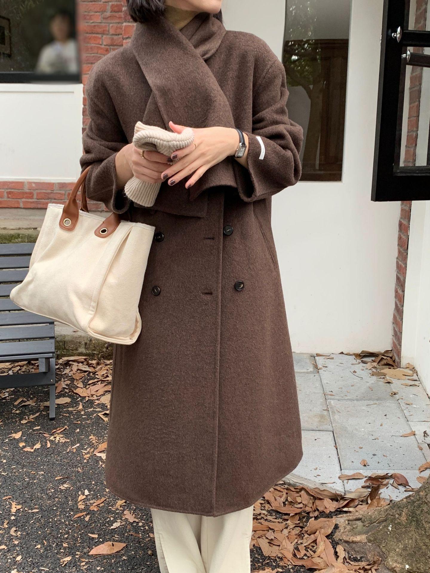 

Темпераментный стиль двустороннее шерстяное пальто женское шарф-воротник женское ленивый дизайн шерстяное пальто M темно-коричневого