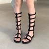 Women's Black Knee-High Roman Sandals with Back Zipper, Open Toe, and Round Toe for Summer 2026