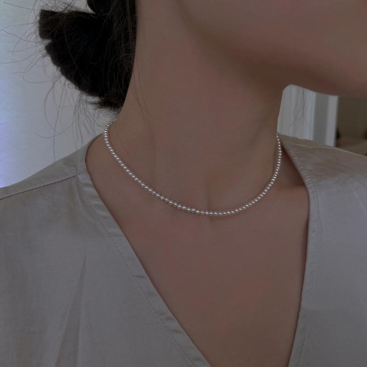 

S925 Sterling Silver Shijia Pearl Baby Bead Necklace - Exquisite Round Luster, Retro Gentle Choker for Women 3mm Shijia Pearl Necklace (40+5)