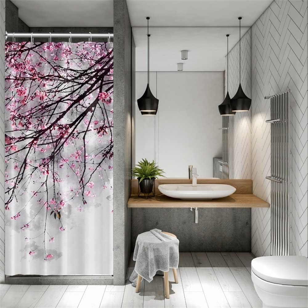Cherry Blossoms Shower Curtain Pink Flower Japanese National Flower Bath Curtain Waterproof Polyester Fabric Bathroom Decor