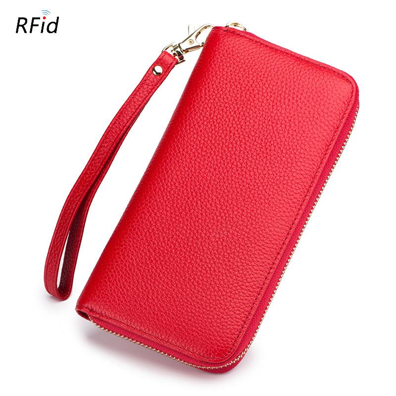Genuine Leather Women's Wallet RFID Blocking Women Card Holder Luxury Cowhide Long Zipper Wallets Fashion Phone Bag Coin Purse