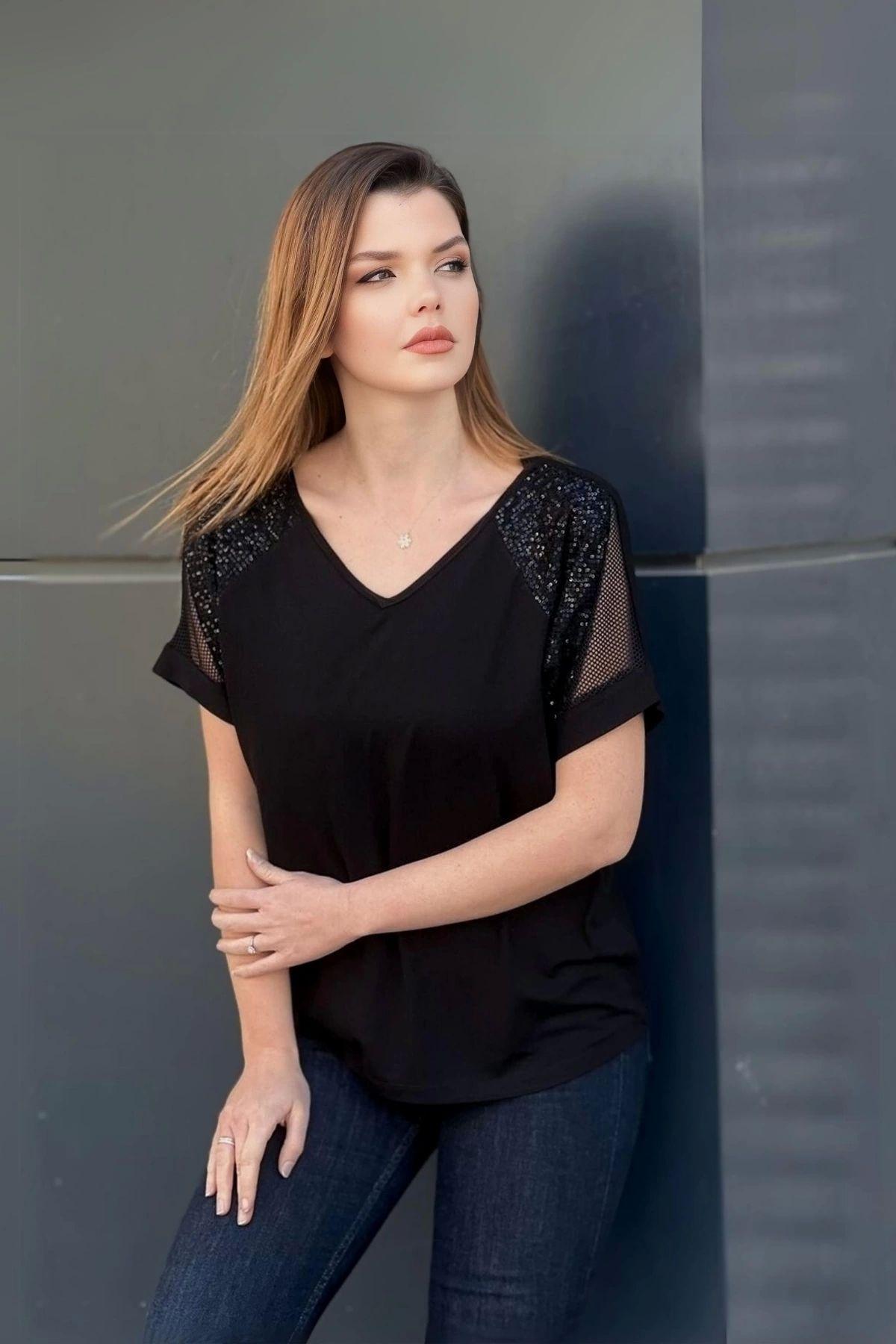 

Женская блузка большого размера, блузка с сеткой и пайетками на плечах