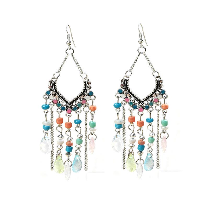 Bohemian Crystal Tassel Earrings - Ethnic Style, Slim Face, Exaggerated Design for Travel