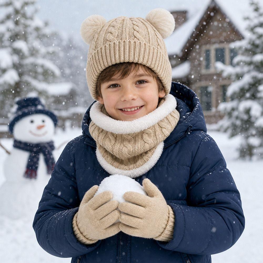 3Pcs/Set Winter Knitted Hats Scarfs Warm Bonnet Gloves Kits Children Scarf Hat Gloves Set Outdoor