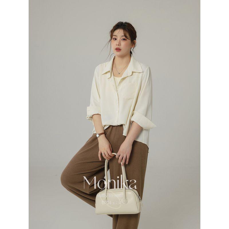 

Long Sleeves Shirt Loose Slimming Belly-Covering Fake Two-Piece Apricot color XL