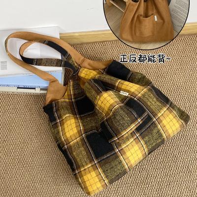 Vintage Ctrast Color Plaid Women Woolen Shoulder Bag Suede Double-Sided Ladies Large Capacity Tote Portable Girls Vest Handbag