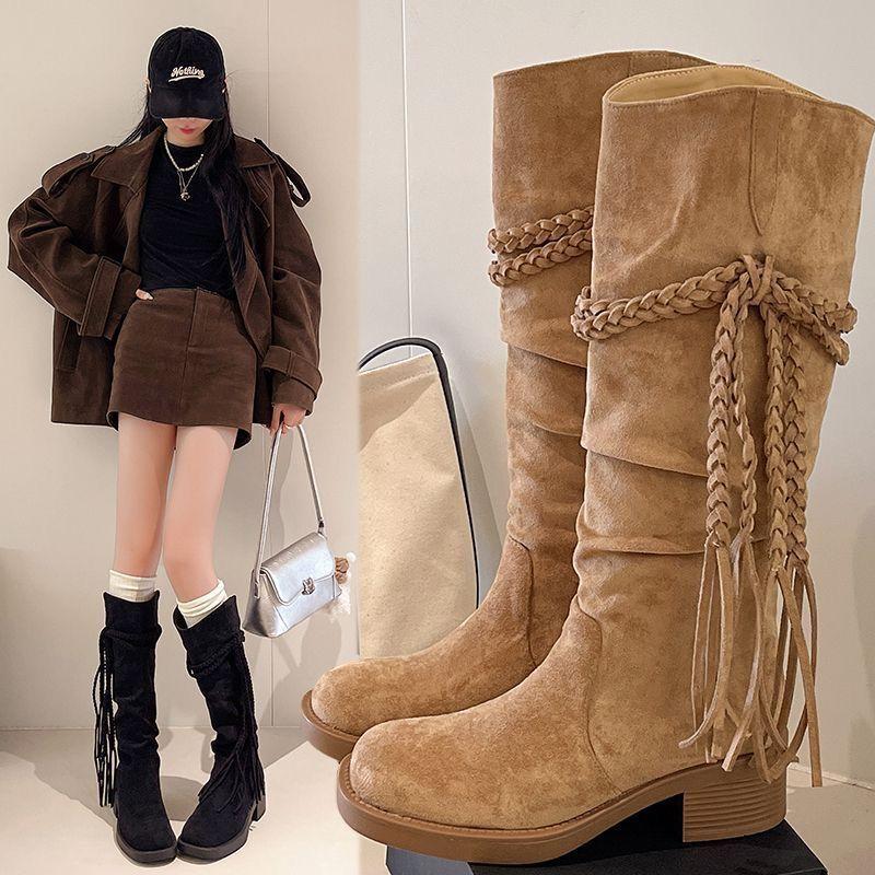 Retro tassel tall tube but knee women's long tube boots spring and autumn 2025 new fashion thick heel pile boots women