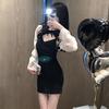 Women's Spicy Lace-up Puff Sleeve Patchwork Dress - Spring/Autumn Slim Fit Short Skirt