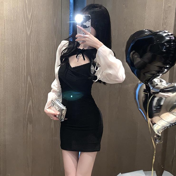 Women's Spicy Lace-up Puff Sleeve Patchwork Dress - Spring/Autumn Slim Fit Short Skirt