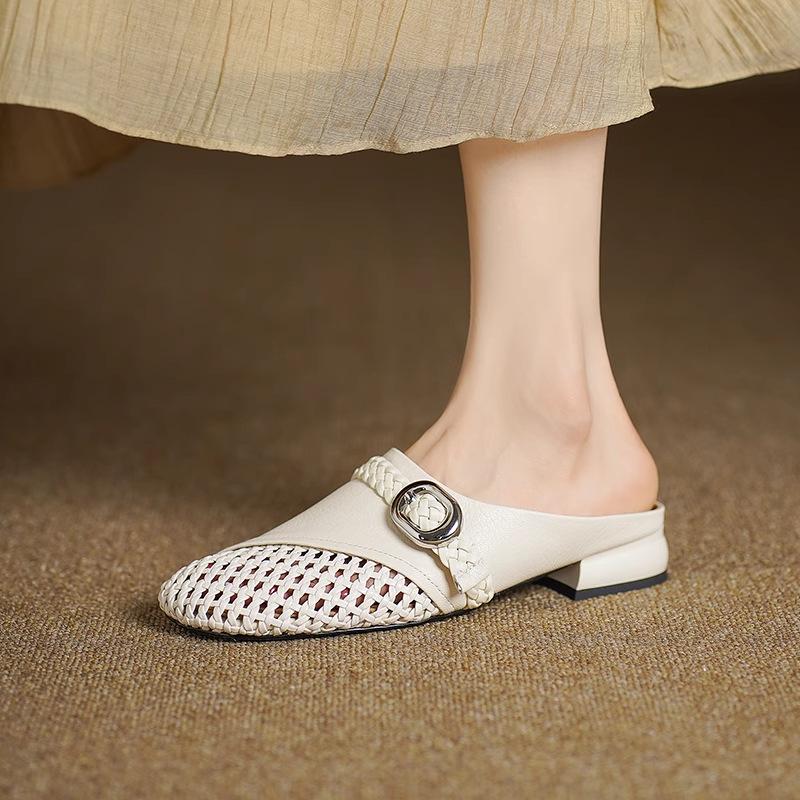 

Кожаные туфли-полусапожки на толстом каблуке 3 см, с полым верхом в римском стиле, женская уличная обувь, новинка 2025 года, тканые туфли Мэри Джейн 40